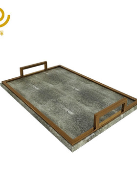 新中式金属皮革托盘托盘欧式客厅茶几样板房间软装收纳酒店摆件