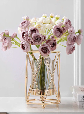 铁艺玻璃花瓶高级感轻奢金属玻璃花瓶客厅玄关餐桌装饰摆件样板房