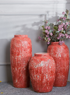 热销中式复古田园落地大红粗陶插花干花花瓶客厅酒店别墅做旧陶瓷