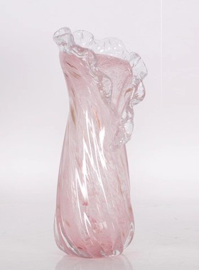 现代摆件粉色鎏金手工玻璃花瓶波浪花边设计师样板间装饰艺品欧式
