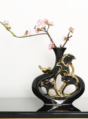 热销新中式银杏花瓶陶瓷工艺品摆件家居玄关客厅办公室书房软装饰