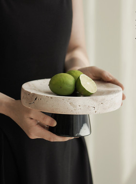 栗石新中式创意洞石果盘摆件侘寂风样板间民宿客厅茶几坚果零食盘