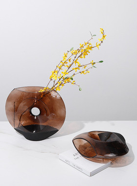 热销餐桌双色手工玻璃圆洞花瓶样板间别墅玄关现代简约花器高级感