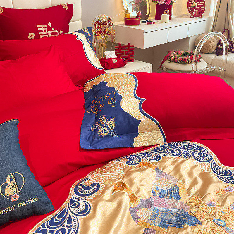 长绒棉婚庆四件套国潮风刺绣牛仔中式红色结婚床单婚嫁床上用品,淘宝优惠券,粉丝福利购,淘宝优惠卷