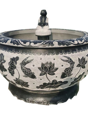 石雕鱼缸花盆仿古荷花鱼缸大理石福字水缸青石园林景观雕塑厂家