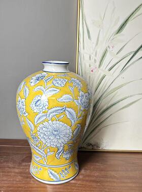 新中式玄关陶瓷花瓶摆件客厅酒店样板房软装饰品黄色花瓶花盆摆件