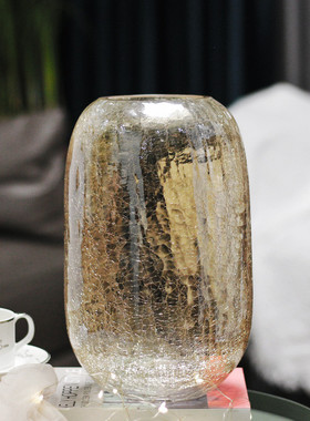 创意大号轻奢光冰花玻璃花瓶琉裂纹透明花器美式家居装饰插花摆件