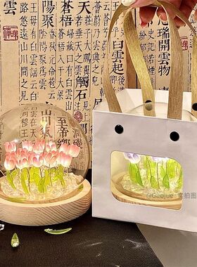 仿真郁金香花海小夜灯手工diy创意少女书房玄关卧室客厅桌面摆件