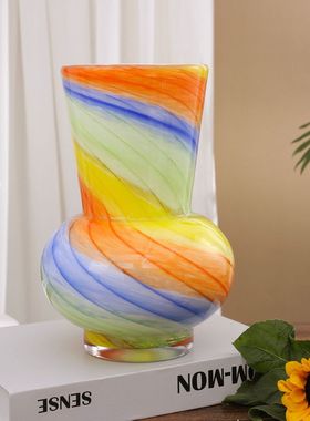 高档国风花瓶手工吹制彩色玻璃花瓶复古高级感客厅装饰电视柜茶几