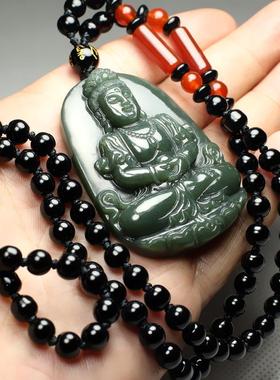 和田玉观音玉坠真品新疆青玉男士观音菩萨项链玉石玉挂件玉佩带证