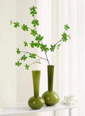 热销客厅琉璃花瓶高级感绿色摆件桌面办公室干花花束中古摆设一枝