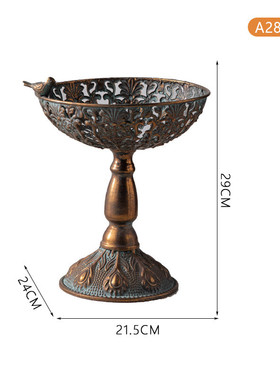 仿古铜玄关装饰摆件铁艺高脚水果托盘美式复古民宿装饰品鸟食盆