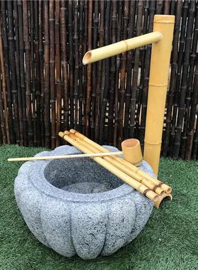 日式流水石钵滴水水景石盆景观石茶馆茶楼石槽寿司店老水缸水盆