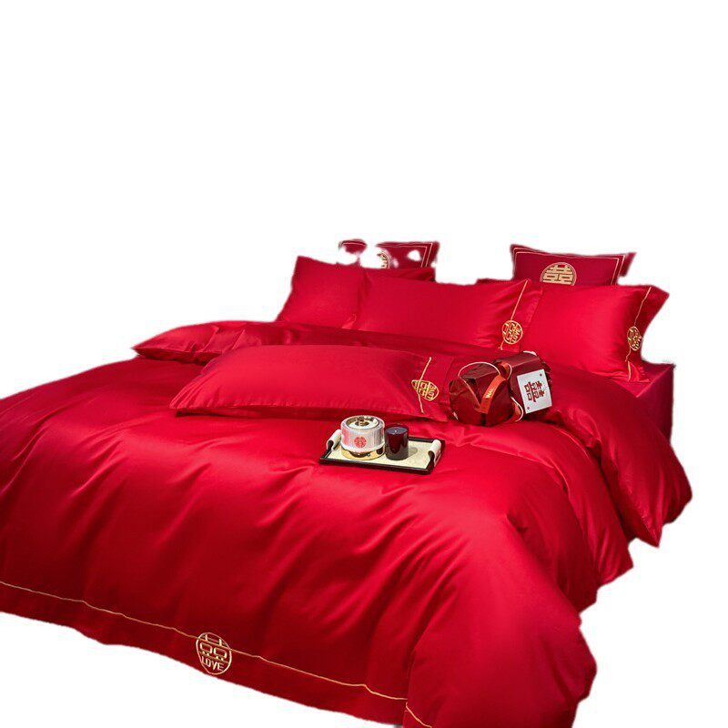 2024新款绣花全棉红色婚庆四件套系列 1.8m床单款四件套 简爱,淘宝优惠券,粉丝福利购,淘宝优惠卷