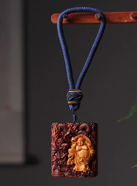 热销小叶紫檀嵌檀香57牌笑精雕木雕弥勒工艺品手把件挂件车挂装饰