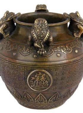 铜聚宝盆罐仿古金蟾摆件法器