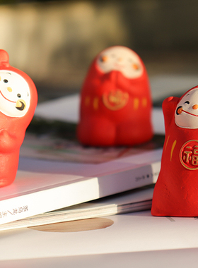 日本进口龙虎堂招福达摩陶土摆件