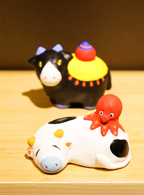 日本进口玩具工房陶土招福牛摆件