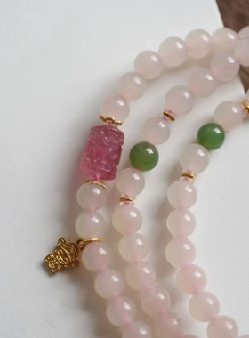 和田玉藕粉手链18k金财神花托隔片碧玺碧玉