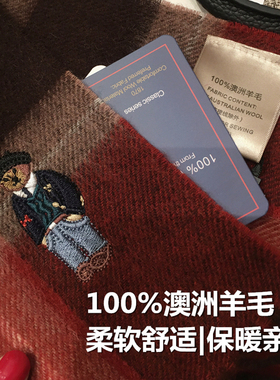 100%羊毛围巾格子刺绣小熊围脖