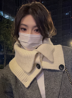 纽扣护颈保暖羊毛针织围脖围巾