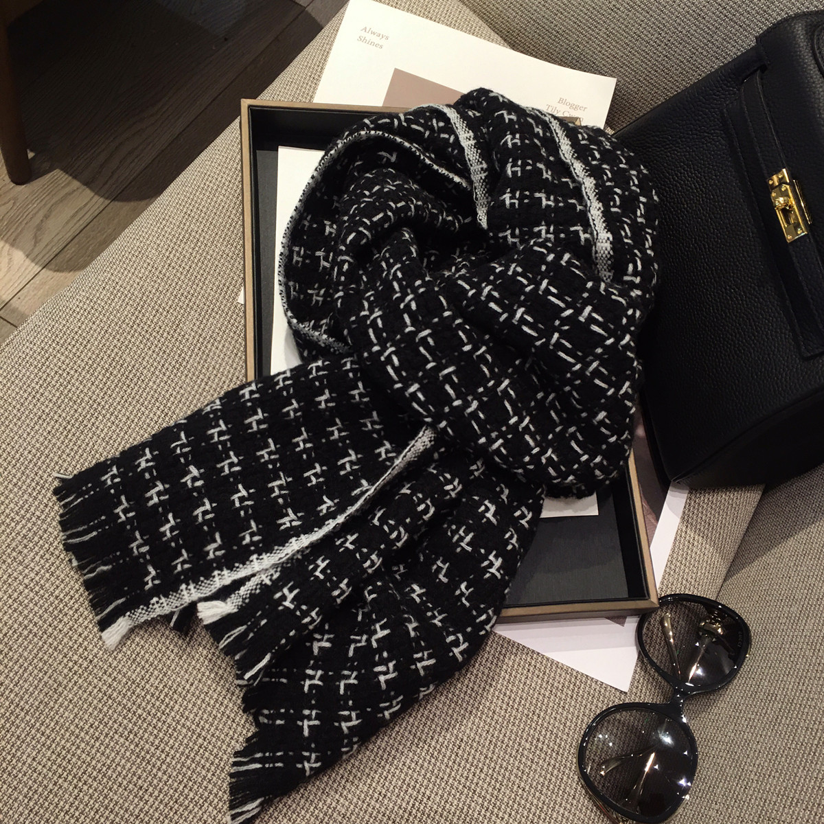 优雅法式编织感小香风100%澳洲纯羊毛围巾女送礼盒百搭羊绒披肩冬,淘宝优惠券,粉丝福利购,淘宝优惠卷