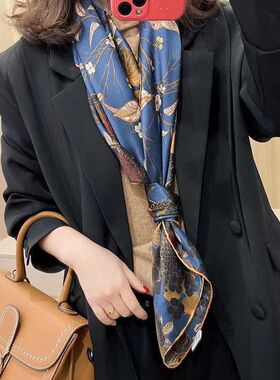 雀上枝头墨绿缎面丝巾真丝女春秋季桑蚕丝围巾披肩两用百搭大方巾