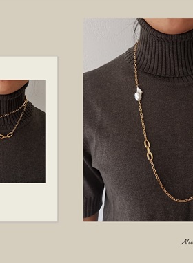 秋冬新款ins冷淡链条不规则珍珠