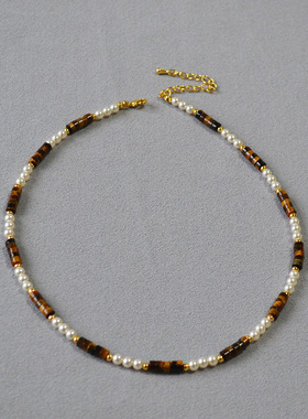 文艺复古拼接虎眼石珍珠项链女