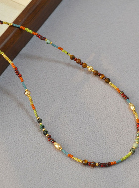 法式复古文艺毕加索油画风御幸米珠串珠小众设计高级感项链锁骨