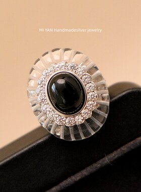 黑玛瑙白水晶戒指925银镀金欧美风老钱风镶钻指环小众设计感