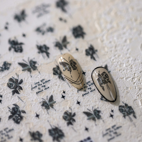 茉季透明玻璃碎蝴蝶玫瑰美甲贴纸防水指甲贴装饰贴饰品3642 M326 - 图1