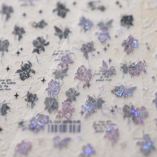 茉季透明玻璃碎蝴蝶玫瑰美甲贴纸防水指甲贴装饰贴饰品3642 M326 - 图0