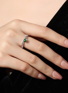 天然危料阳绿翡翠s925纯银戒指银镶蛋面百搭时尚可调节指环配饰女