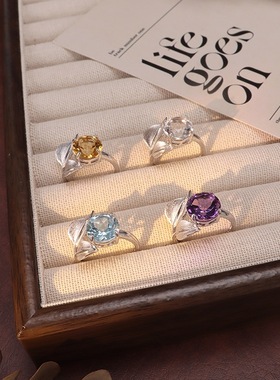 S925天然水晶纯银戒指镶嵌九紫离火紫水晶黄水晶玄学风水珠宝饰品
