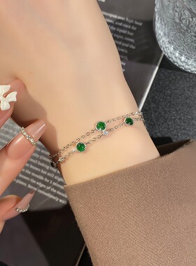 天然翡翠阳绿双排设计款s925银镶嵌女款轻奢百搭精致高级手链首饰