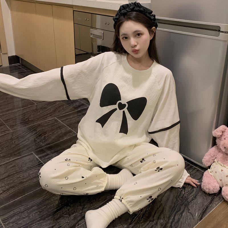 可爱蝴蝶结睡衣女款长袖云朵棉带胸垫休闲宽松家居服两件套可外穿,淘宝优惠券,粉丝福利购,淘宝优惠卷