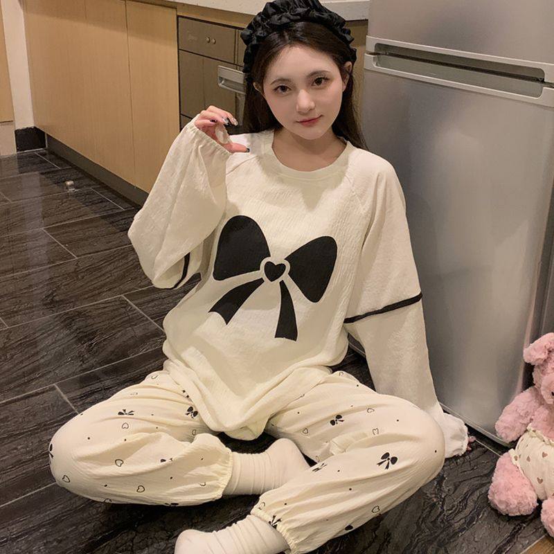 可爱蝴蝶结睡衣女款长袖云朵棉带胸垫休闲宽松家居服两件套可外穿,淘宝优惠券,粉丝福利购,淘宝优惠卷