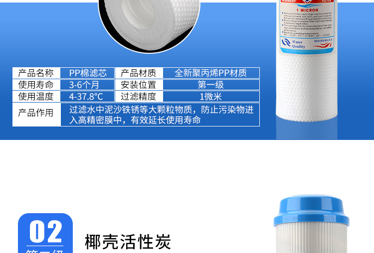 家用净水器10寸滤芯前三级套装PP棉椰壳碳 压缩活性炭8支装一年量