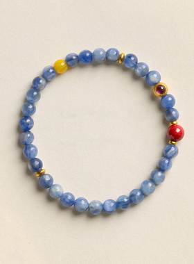 天然高品质蓝晶石手串水晶真朱砂银镀金蜜蜡新中式串珠手链女国风