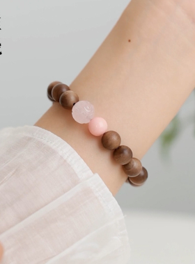天然印度老山檀手串粉水晶檀香檀木质手链佛珠高级感玛瑙简约桃花