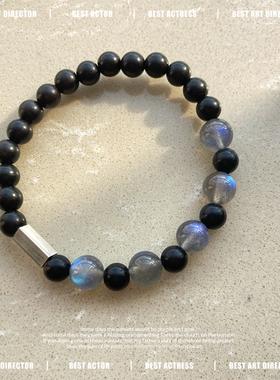 天然纯蓝光灰月光手串拉长石水晶手链黑檀木s925银方珠简约高级感