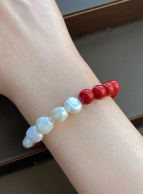 天然原矿朱砂手串珍珠手链红砂淡水巴洛克异形不规则女新中式国风