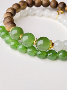 收藏级越南芽庄莺歌绿奇楠沉香手串和田玉手链碧玉俄料白玉18k金