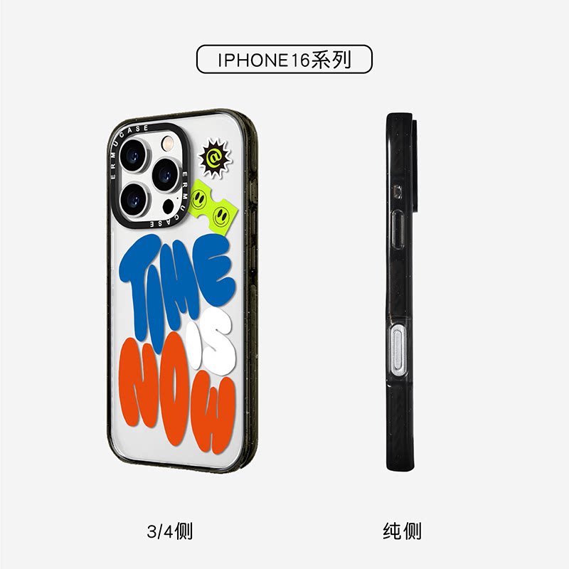 适用于苹果iPhone17ProMax手机壳磁吸防摔TPU透明黑框硬壳原创撞色字母TIME IS NOW男女款ins高颜值ERMUCASE