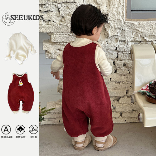 2025冬季新品男宝韩版洋气加绒可爱玩偶背带裤婴幼儿毛衣打底套装 - 图2