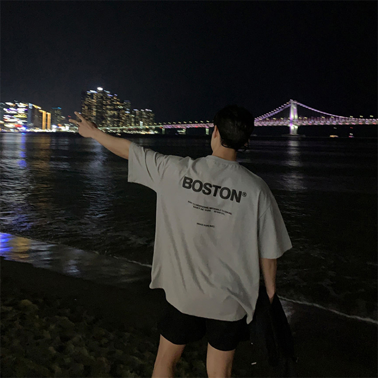 韩国代购男装高品棉质潮流Boston英文印花短袖T恤时尚宽松半袖