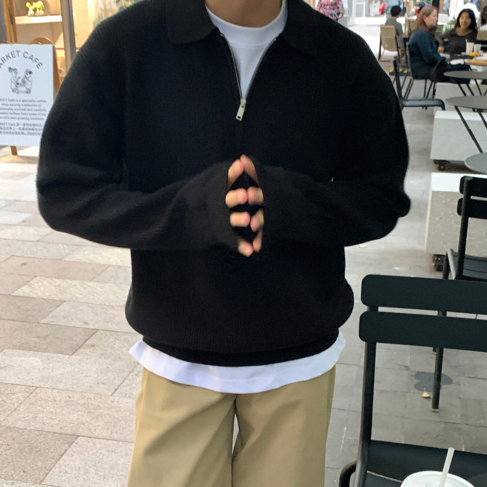 韩国东大门代购秋冬高品轻熟百搭纹理半拉链重工套头针织衫男毛衣,淘宝优惠券,粉丝福利购,淘宝优惠卷