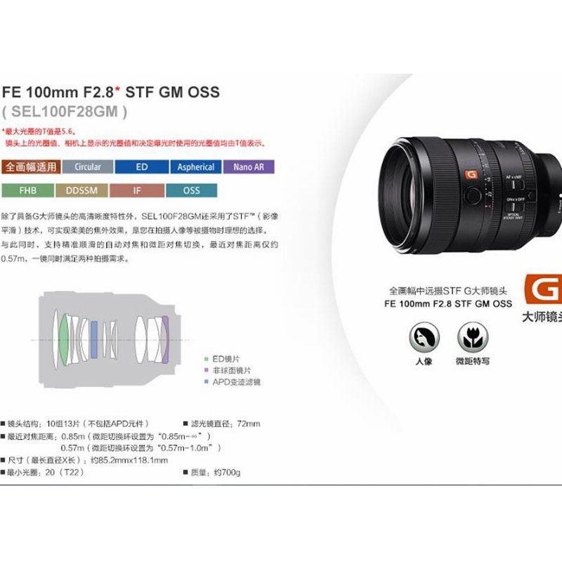 索尼（SONY） 全幅定焦微距镜头G大师人像大光圈 FE 100mm F2.8GM - 图0