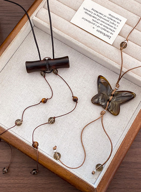 复古新中式木质长款项链女民族风小众挂脖毛衣链日常百搭国风配饰